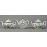 (lot of 3) Chinese enameled porcelain tea pots, two featuring flowers; and one with scholar and