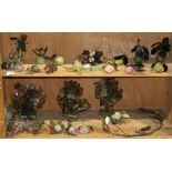 (lot of 23) Two shelves of Chineses stone fruit and flowers, including banana, peaches, citron,