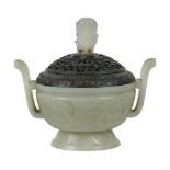Chinese jade censer, body carved with taotie mask and with lappet bands to the splayed foot, pierced