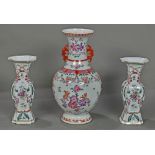 (lot of 3) Chinese export porcelain vase, of baluster form with shaped handles and pink florals on