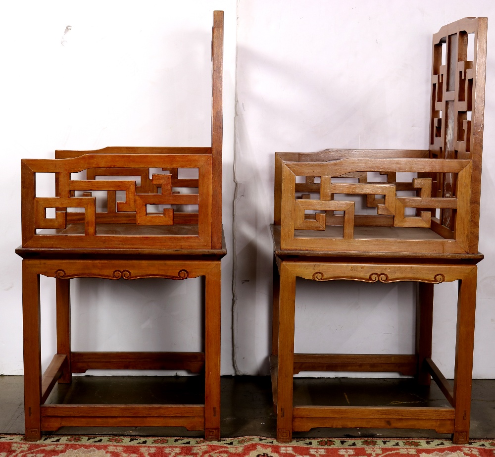 Pair of Chinese wooden armchairs, the back inset with pink marble plaque accented by an openwork - Image 2 of 5