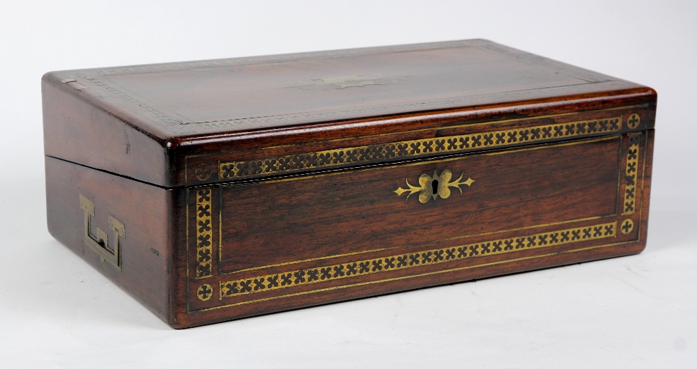 Victorian lap desk, 19th century exotic wood lap desk with brass inlay, having a fitted interior