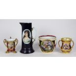 (lot of 4) Royal Vienna-style porcelain group, consisting of a polychrome decorated vase, having a