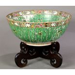 Chinese export porcelain punch bowl, with butterflies amid bokchoy pattern ground, with stand, bowl: