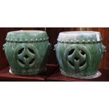 Pair of Chinese green glazed ceramic drum stools, with lion form handles and pierced coins on the