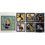 (lot of 7) Spanish Revival-style majolica tile group, consisting of one large square polychrome