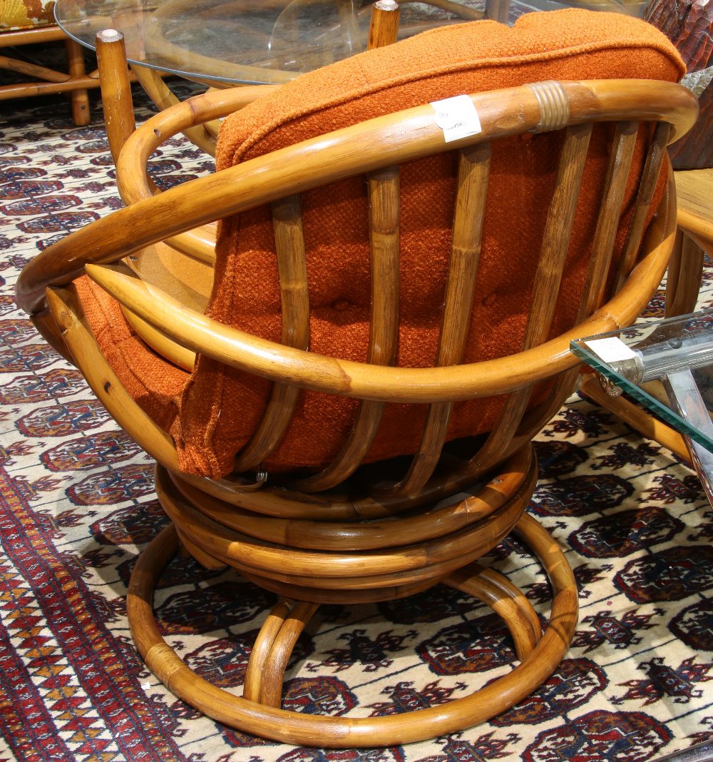 (lot of 3) Rattan group, rattan swivel cocoon chair, 32"h x 29" w, together with (2) ottomans with - Image 2 of 2