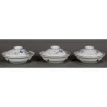 (lot of 3) Chinese enameled porcelain covered bowls, the shallow vessels decorated with birds and