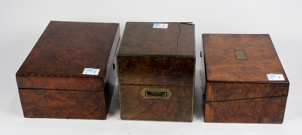 (lot of 3) 19th Century English lap desk group, consisting of a burl wood rectangular form box