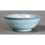 Chinese Ru-style crackle glazed shallow bowl, with a pale blue ground with dark crackles, 4.5"w