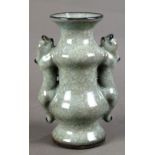 Chinese 'ice crackle' glazed porcelain vase, flanked by a pair of tiger form handles, 8.75"h