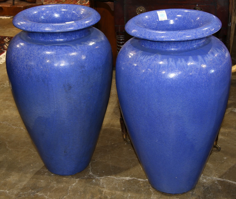 (lot of 2) Pair of contemporary blue ceramic urns, 29"h x 16"dia,