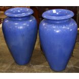 (lot of 2) Pair of contemporary blue ceramic urns, 29"h x 16"dia,