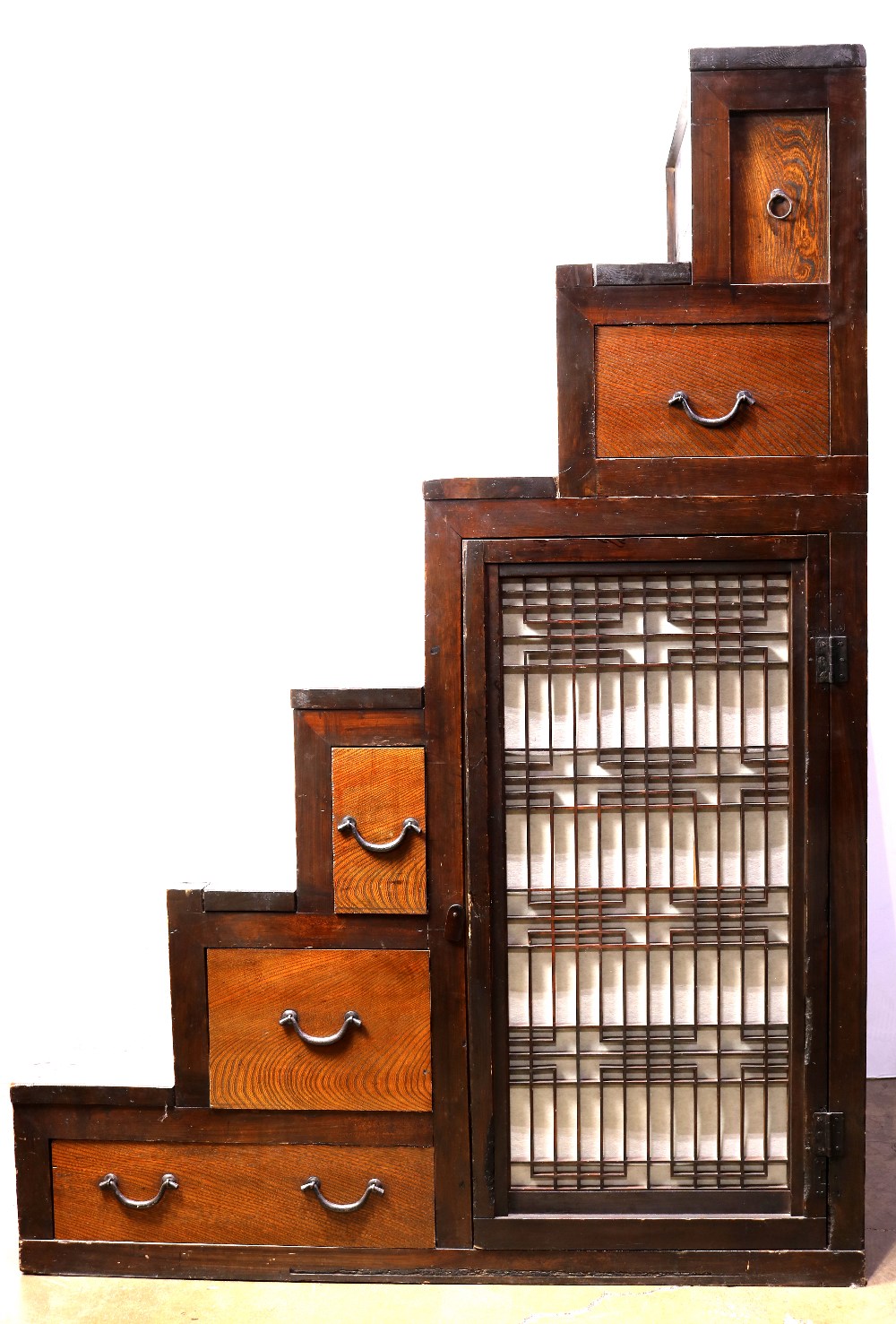 Japanese kaidan tansu step chest, with five drawers and a large hinged lattice door with rice paper,