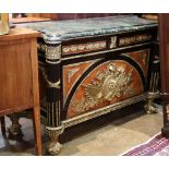 French Empire style gilt mounted mahogany sideboard, having a shaped marble top, above the two