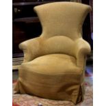 (lot of 2) His and hers similar upholstered armchairs, one having a shaped back with a scalloped