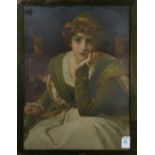 Contemplative Woman, chromolithograph, unsigned, overall (with frame): 23"h x 17.75"w