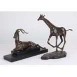 (lot of 2) Patinated bronze sculpture group, consists of a patinated bronze sculpture of a giraffe