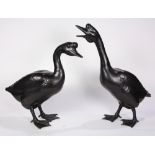 (lot of 2) Japanese bronze group, depicting a goose and gander, underside marked Shuzan, 24.5"h