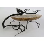 Ron Gerton highly figured burl vessel, the circular form suspended in a patinated bronze branch form