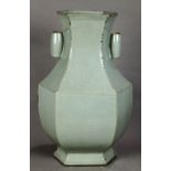 Chinese Guan type hexagonal crackle glaze ceramic vase, the flared neck flanked by tubular