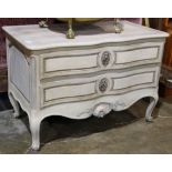 19th century French provinical two drawer painted commode, having a shaped rectangular top over