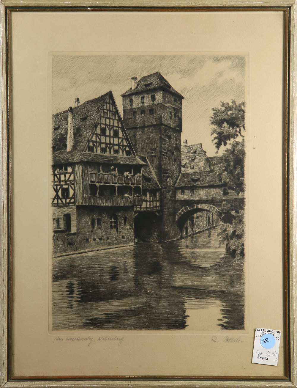 (lot of 2) Continental School (19th/20th centuries), Am Heidelberg, Nuremberg, etching, signed - Image 2 of 2