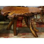 Redwood burl occasional table, having a raw edge and rising on four branch form legs, 21"h x 33.5"