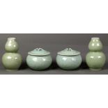 (lot of 4) Chinese celadon glazed porcelain jars and double gourd vases, the covered jars