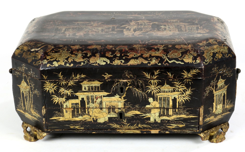 Chinese gilt lacquered export sewing box, of elongated octagonal form with a hinged lid top