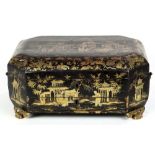 Chinese gilt lacquered export sewing box, of elongated octagonal form with a hinged lid top