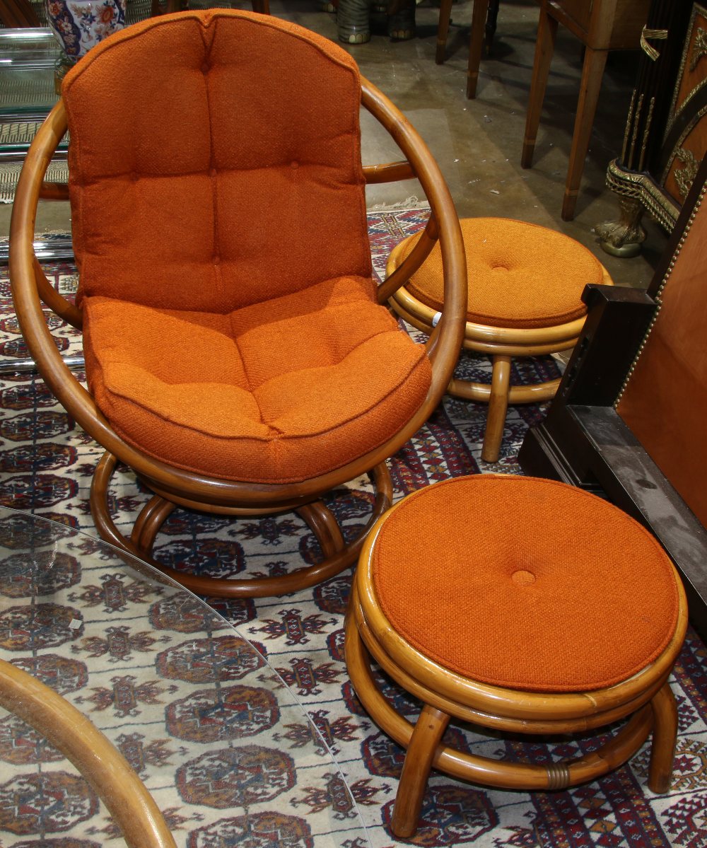 (lot of 3) Rattan group, rattan swivel cocoon chair, 32"h x 29" w, together with (2) ottomans with