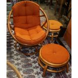 (lot of 3) Rattan group, rattan swivel cocoon chair, 32"h x 29" w, together with (2) ottomans with