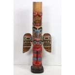 Tlingit-style totem pole, carved in relief with polychrome accents, Rich LaValle, signed "Lavalle"