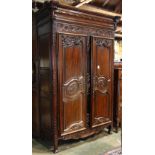 French Provincial style linen press, having a carved two-door case with floral reserves , 85"h x