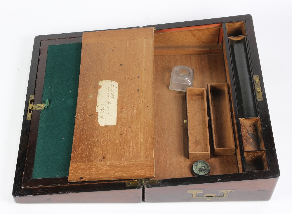 Victorian lap desk, 19th century exotic wood lap desk with brass inlay, having a fitted interior - Image 3 of 3