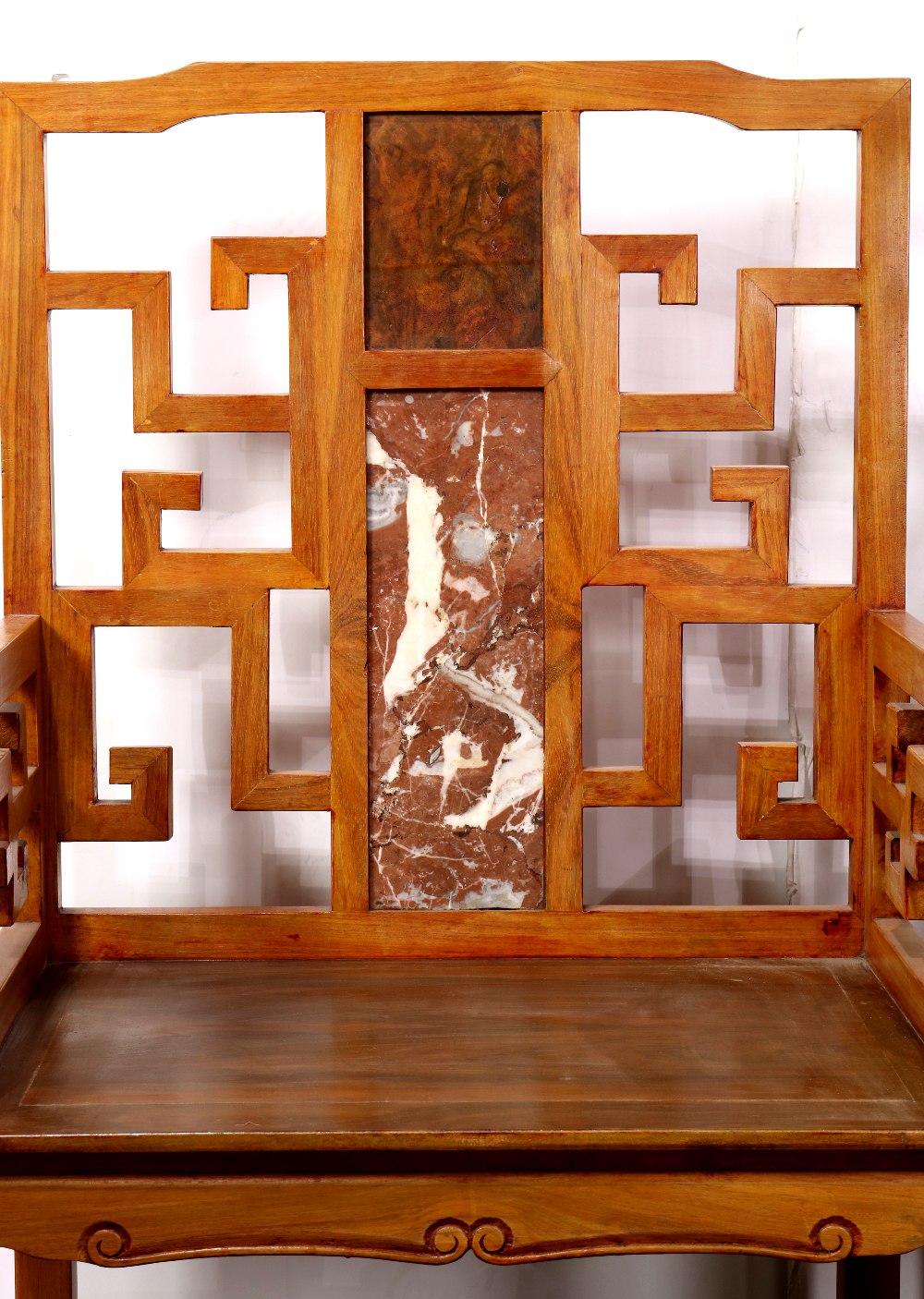 Pair of Chinese wooden armchairs, the back inset with pink marble plaque accented by an openwork - Image 4 of 5