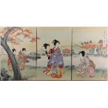 (lot of 3) Yoshu Chikanobu (Japanese, 1838-1912), woodblock print triptych, 'Tea House Takimi'