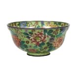 Japanese plique-à-jour cloisonne bowl, featuring chrysanthemums on a green ground, with silver rim