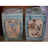 Pair of Chinese ceramic stools, each with a square top, the sides molded with bird-and-flowers on