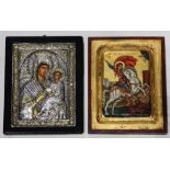 (lot of 2) Greek Icon group, consisting of a Greek Icon panel, encased in silver oklad, depicting