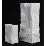 (lot of 2) Tapio Wirkkala for Rosenthal white porcelain vases, each in the shape of a paper bag,