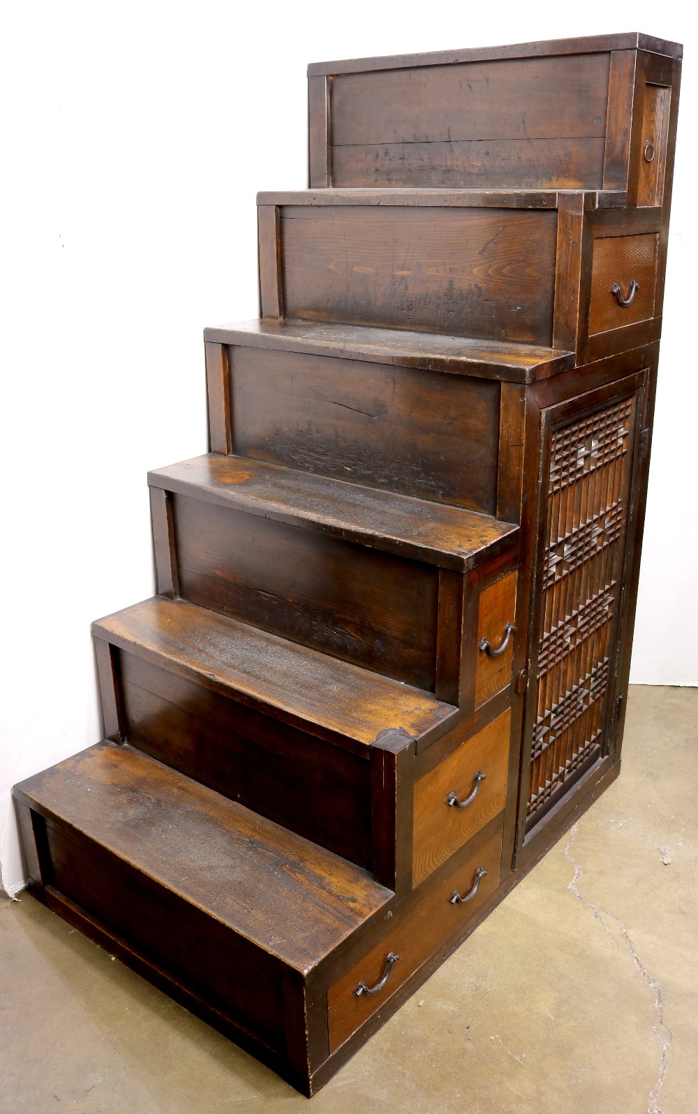 Japanese kaidan tansu step chest, with five drawers and a large hinged lattice door with rice paper, - Image 3 of 3