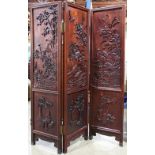 Chinese hardwood six panel screen, carved with various birds and flowers, 79"h