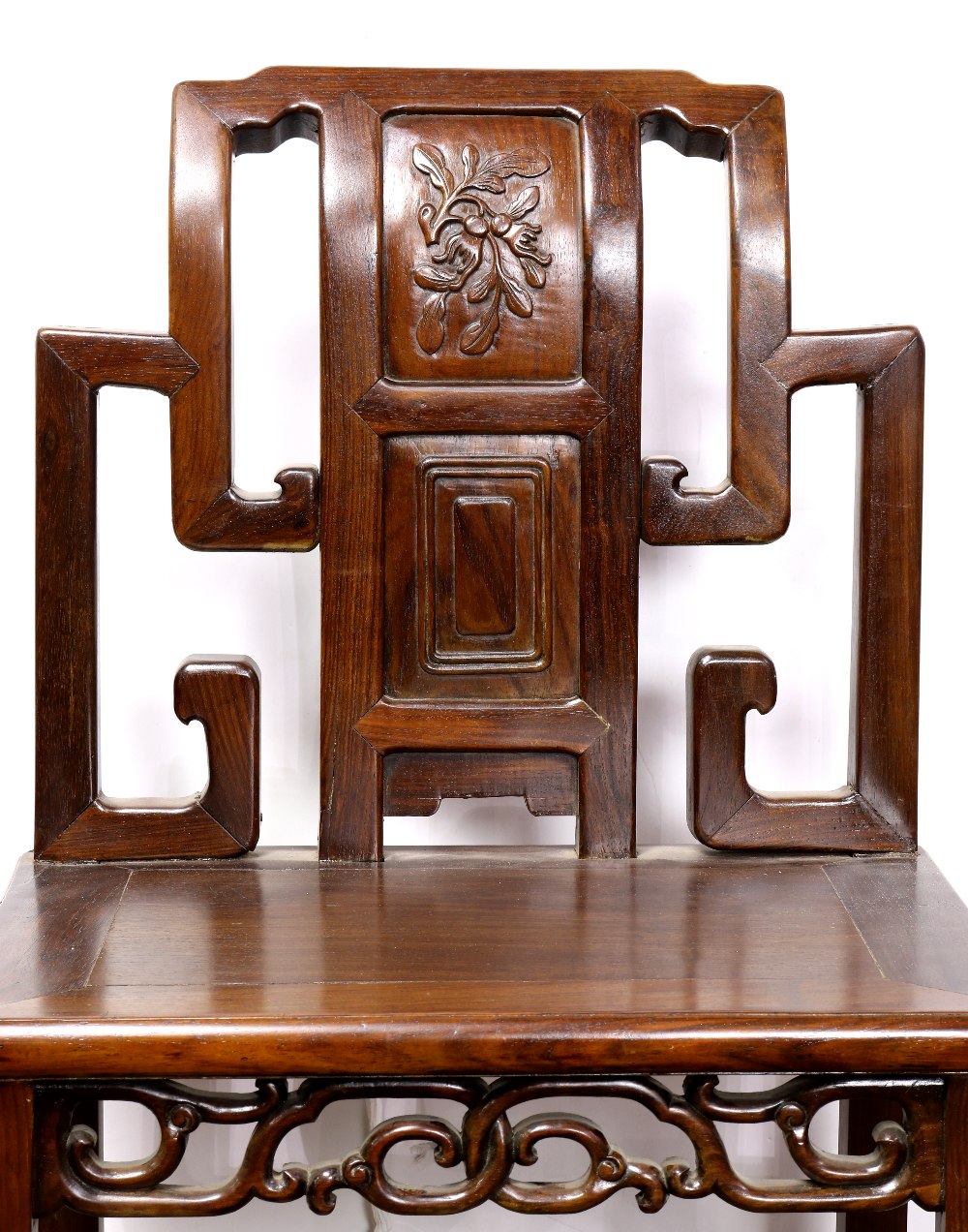 Pair of Chinese wooden side chairs, the stepped back inset with a panel carved with peaches, the - Image 3 of 4