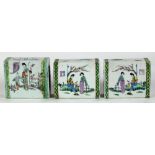 (lot of 3) Chinese enameled porcelain pillows, each similarly decorated with beauties in a garden,