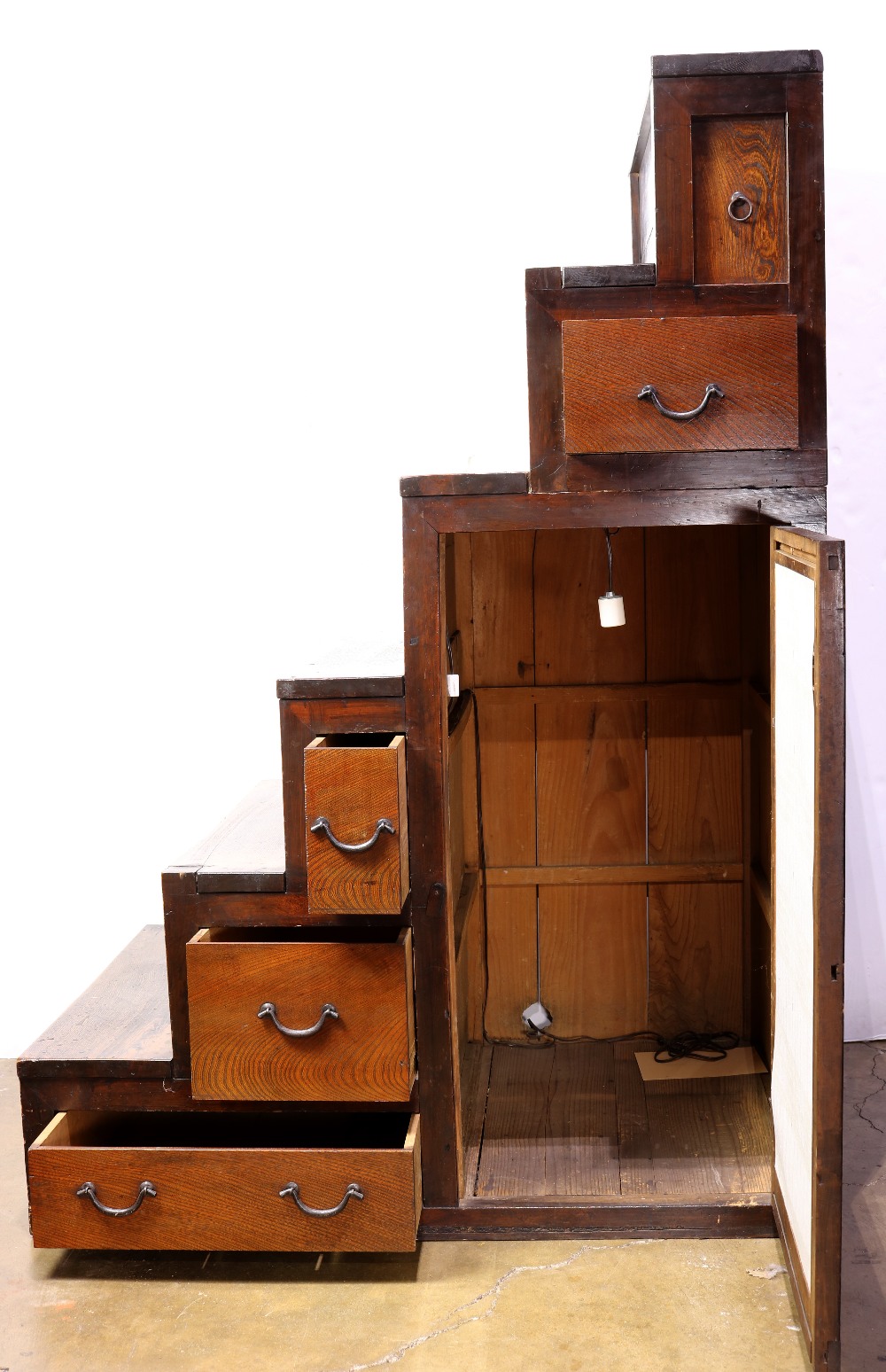 Japanese kaidan tansu step chest, with five drawers and a large hinged lattice door with rice paper, - Image 2 of 3