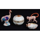 (lot of 4) Herend porcelain group, consisting of a monkey, exotic bird, lidded dish, finger bowl;