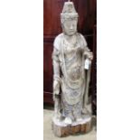 Chinese polychrome wood bodhisattva, in princely raiments and holding an amphora, 45.5"h