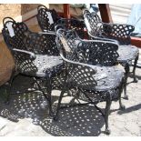 (lot of 4) Victorian style metal outdoor armchairs, each having a basketweave pattern, 31"h x 22"w